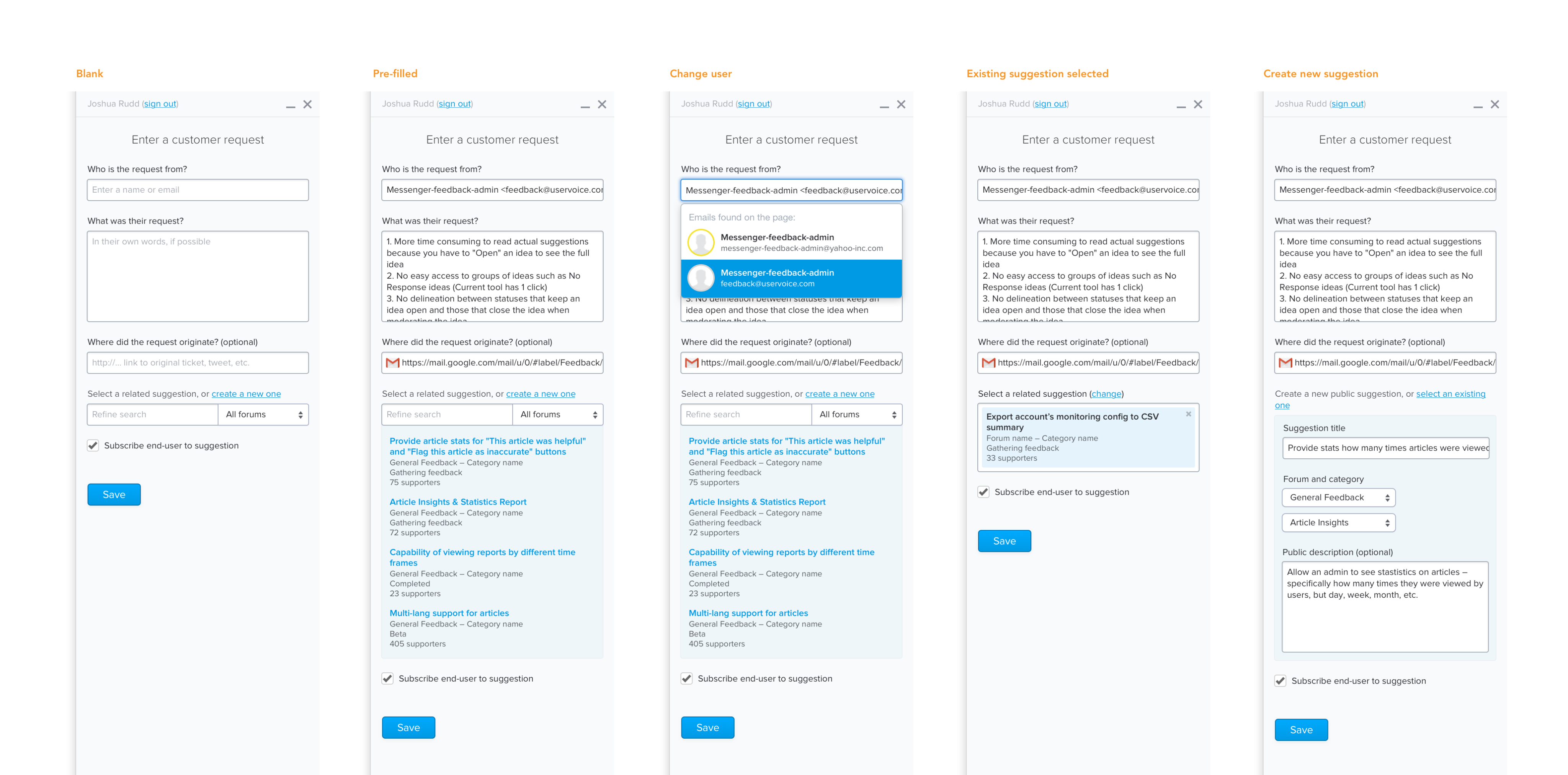 Visual designs of the various states of the feedback form